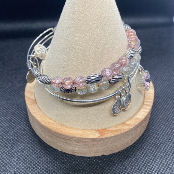 Alex & Ani Set of 3/Silver&Crystal Beaded & October Birthstone Charm Bangles/GC - Picture 3 of 9